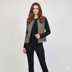 Cabi Jacket Womens 14 Brown Tan Houndstooth Tweed Fringe Ribbed Statement Blazer